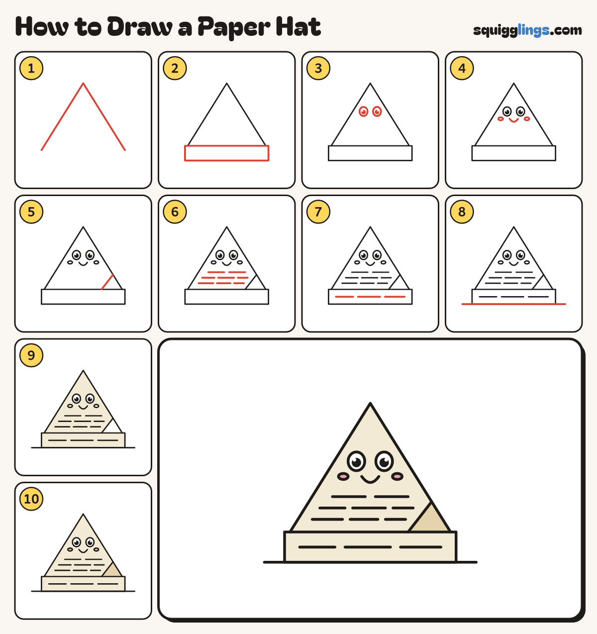 How to Draw a Paper Hat step by step: all 10 steps in one picture