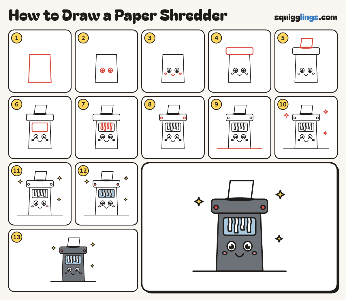 How to Draw a Paper Shredder step by step: all 13 steps in one picture