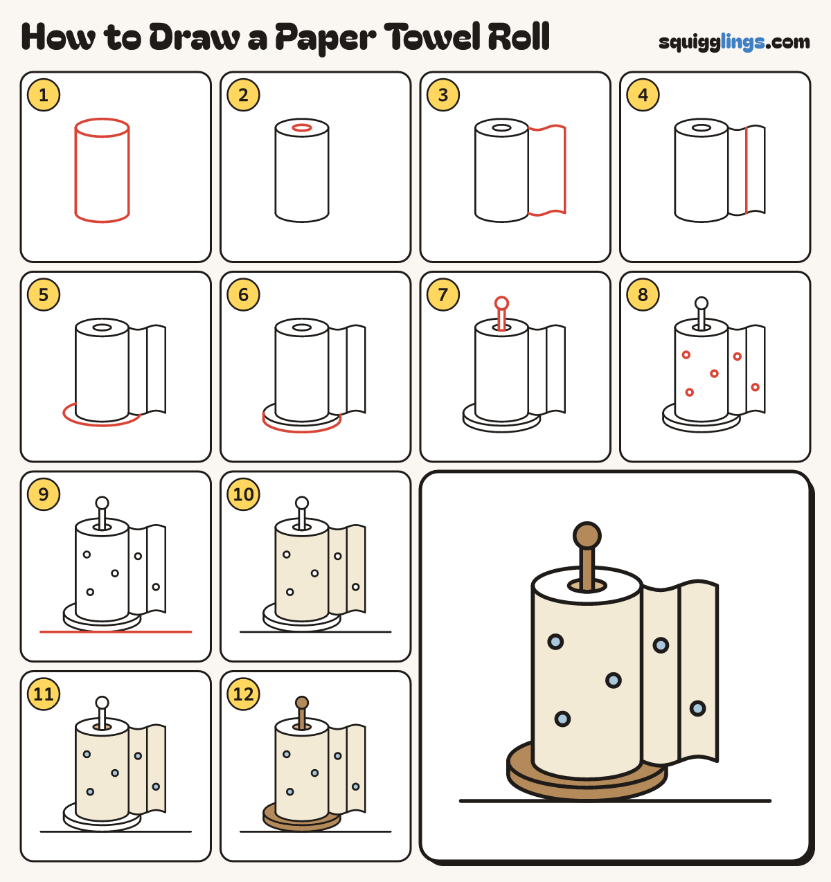 How to Draw a Paper Towel Roll step by step: all 12 steps in one picture