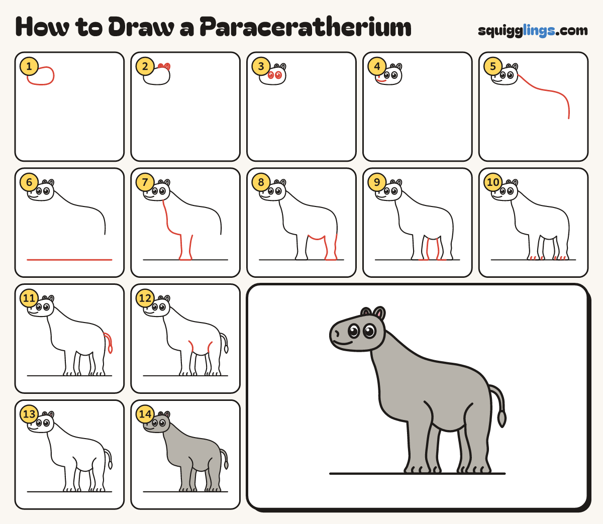 How to Draw a Paraceratherium step by step: all 14 steps in one picture