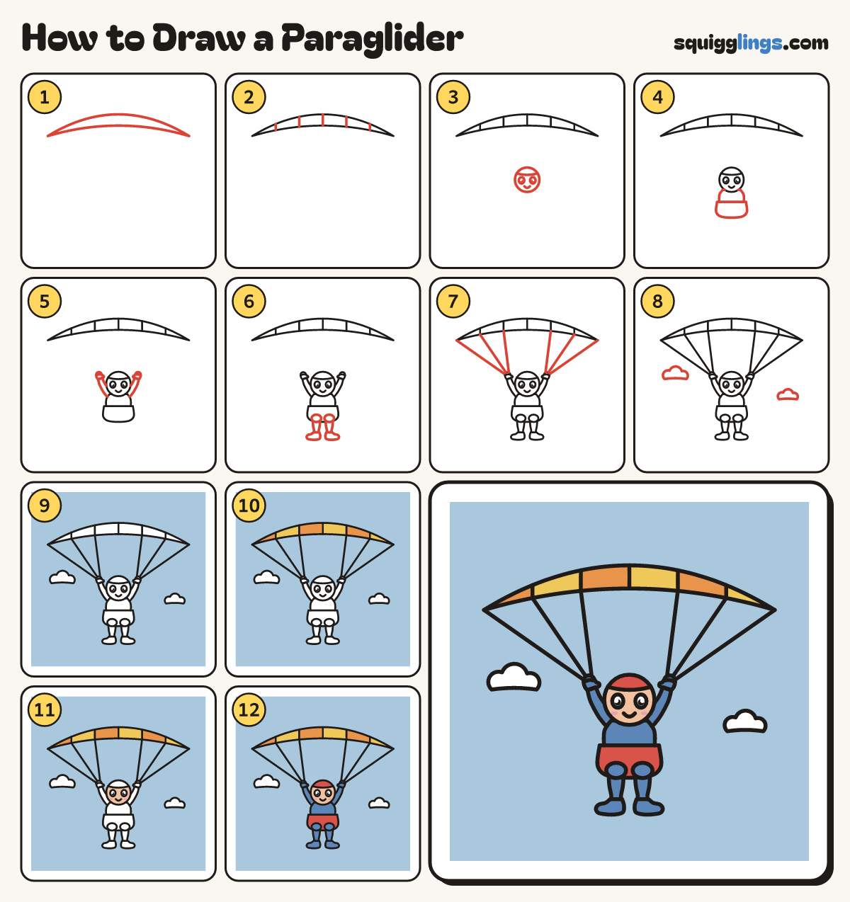 How to Draw a Paraglider step by step: all 12 steps in one picture