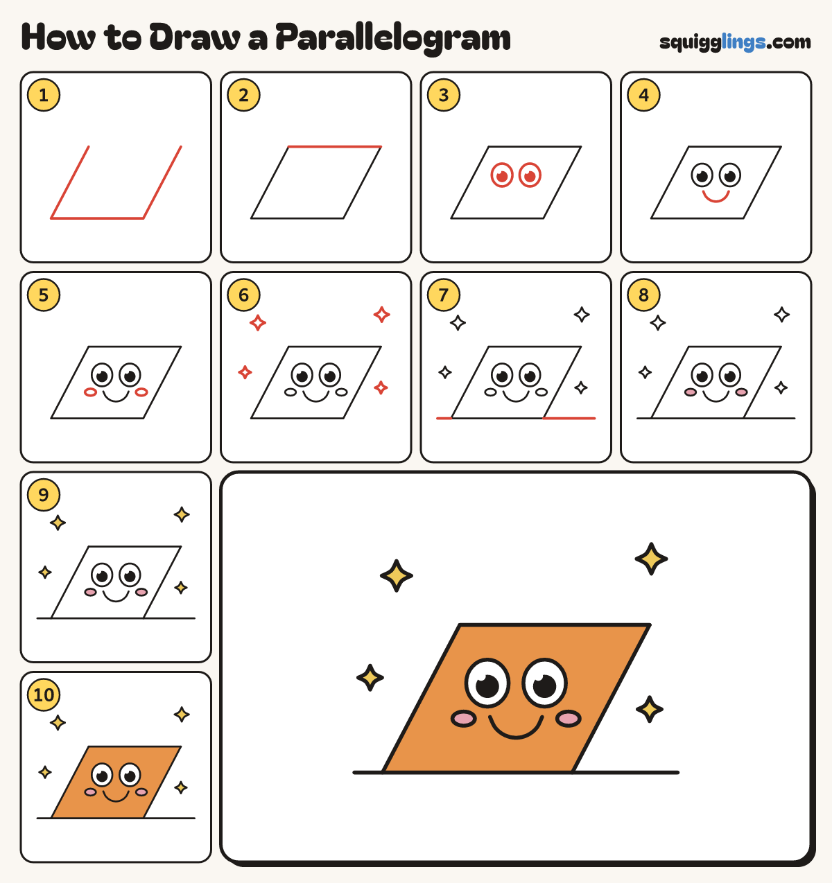 How to Draw a Parallelogram step by step: all 10 steps in one picture