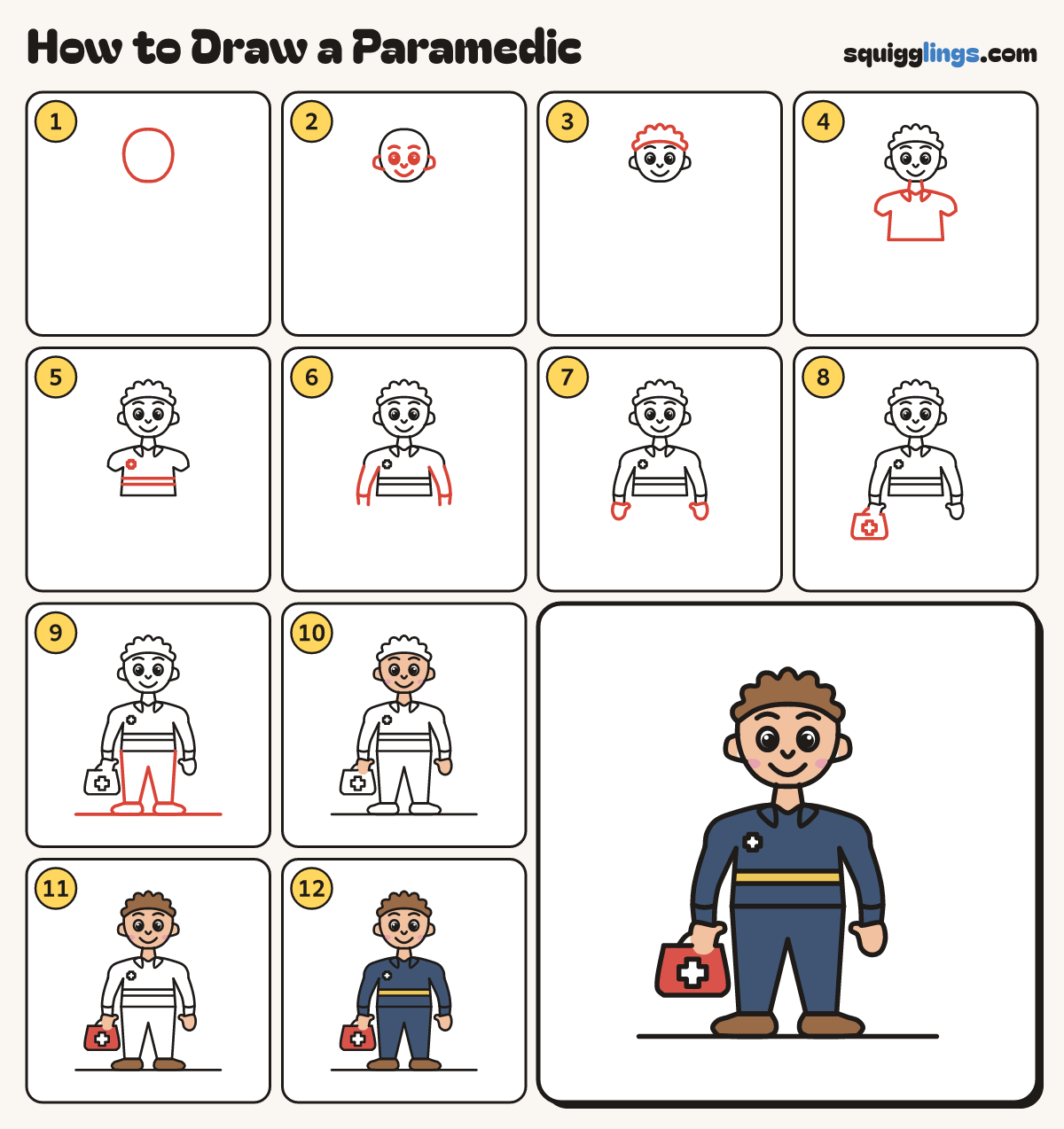 How to Draw a Paramedic step by step: all 12 steps in one picture