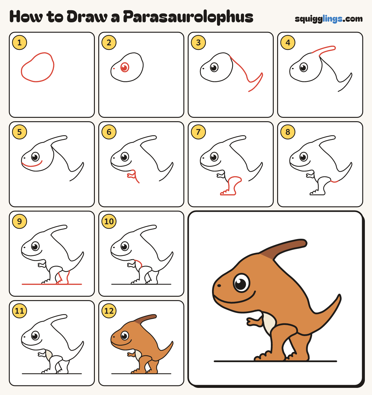 How to Draw a Parasaurolophus step by step: all 12 steps in one picture