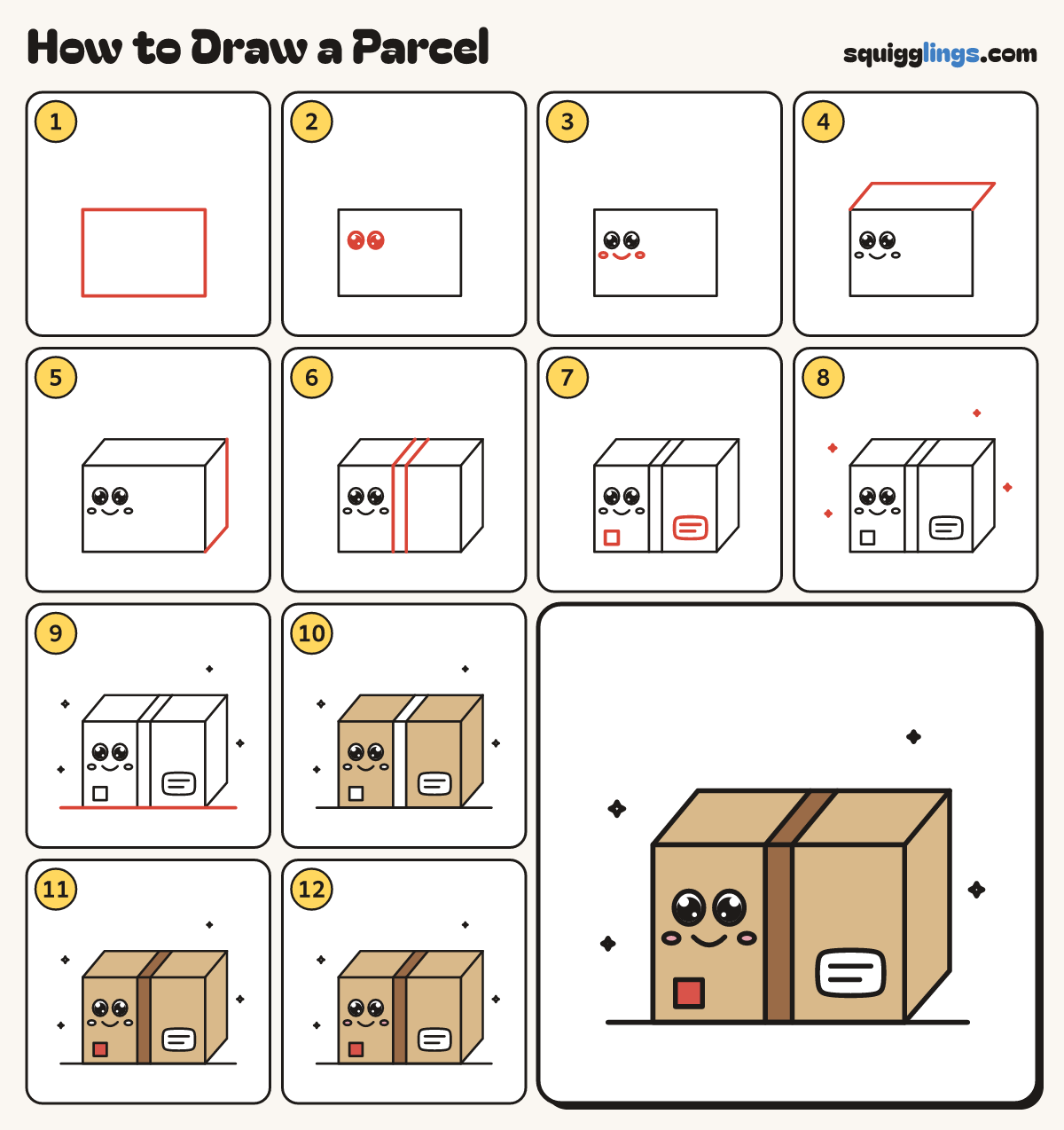 How to Draw a Parcel step by step: all 12 steps in one picture