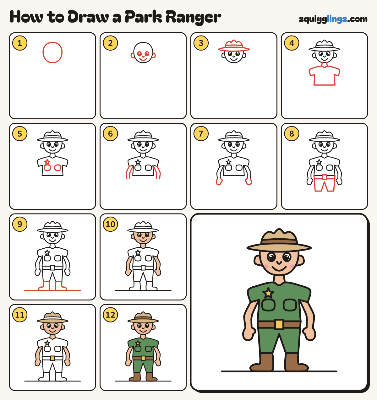 How to Draw a Park Ranger step by step: all 12 steps in one picture