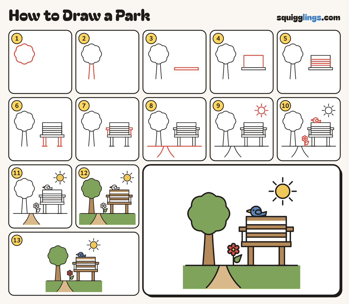 How to Draw a Park step by step: all 13 steps in one picture