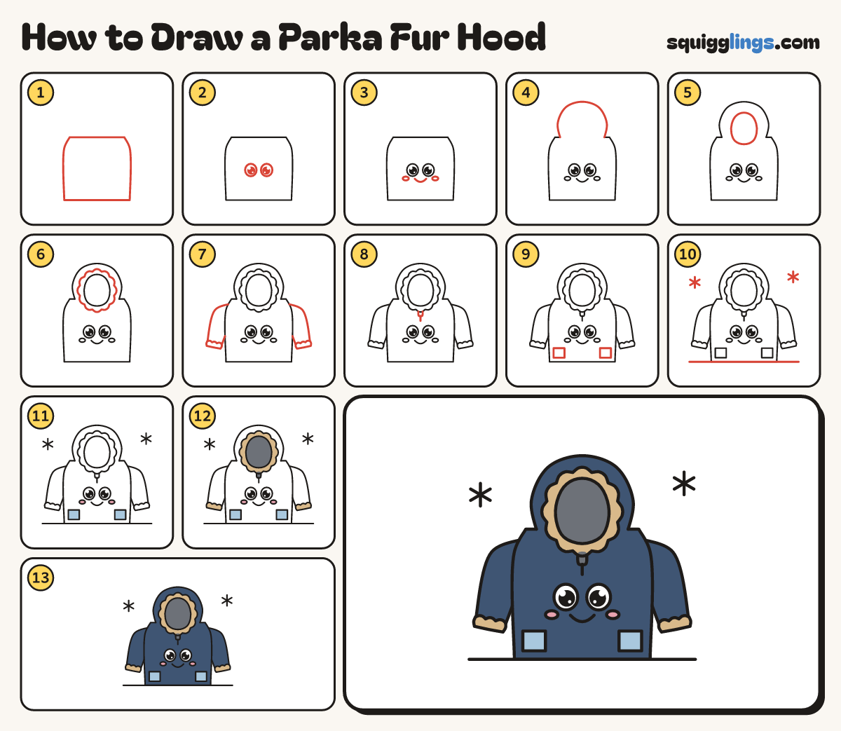 How to Draw a Parka Fur Hood step by step: all 13 steps in one picture