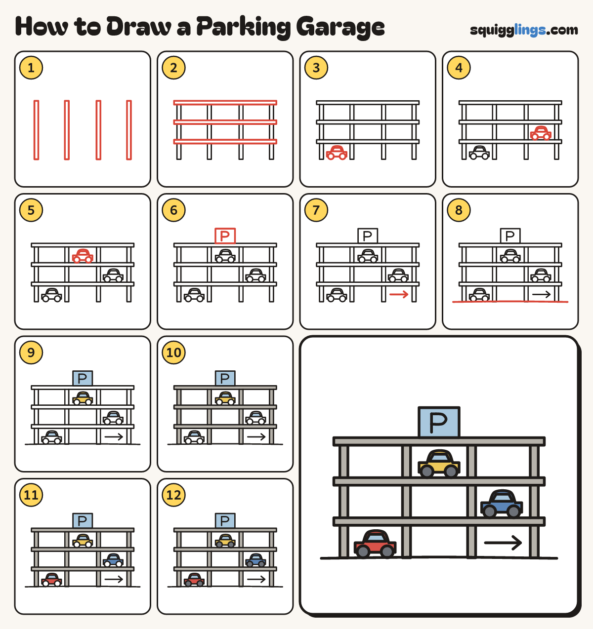 How to Draw a Parking Garage step by step: all 12 steps in one picture