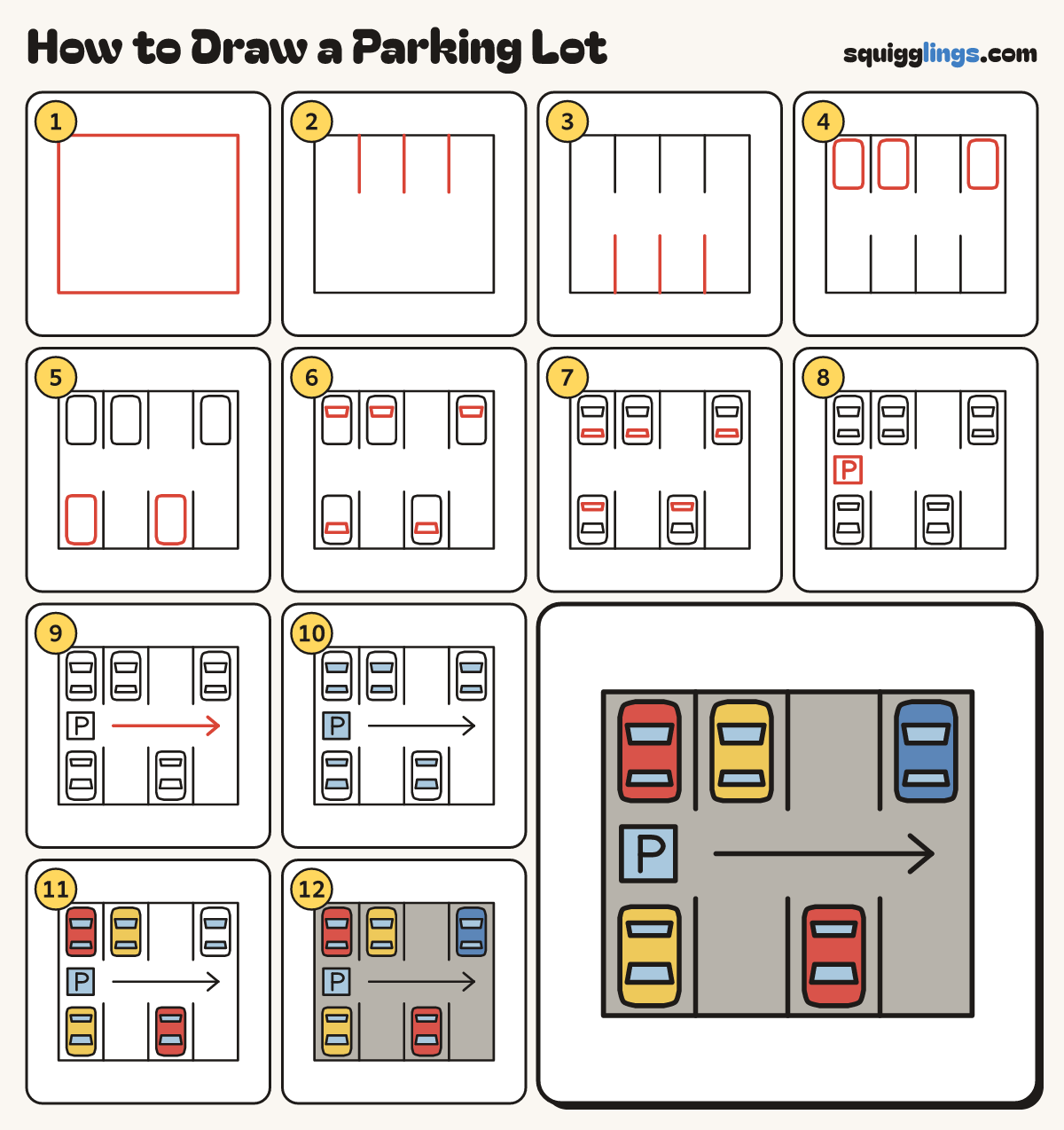 How to Draw a Parking Lot step by step: all 12 steps in one picture
