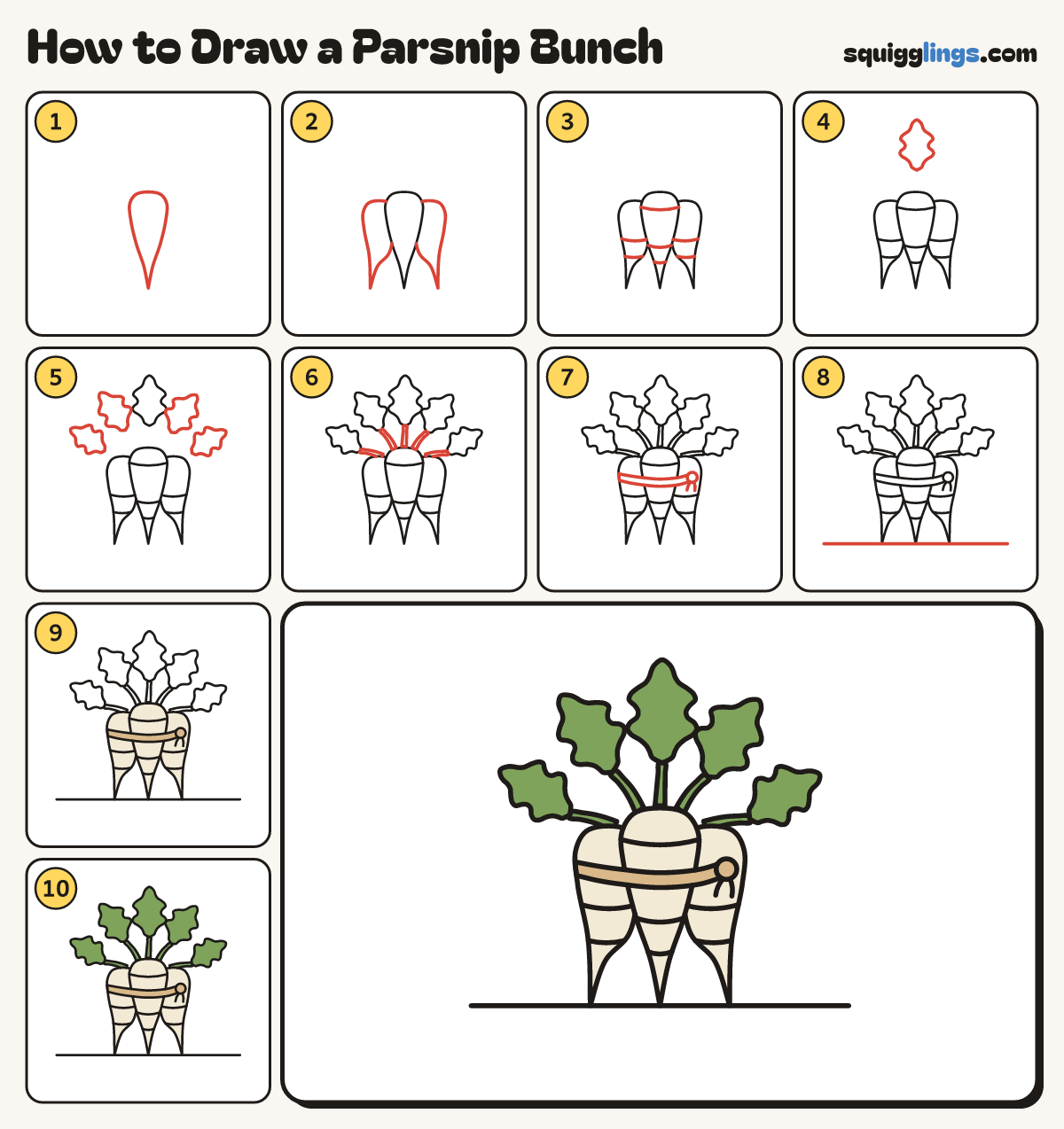 How to Draw a Parsnip Bunch step by step: all 10 steps in one picture