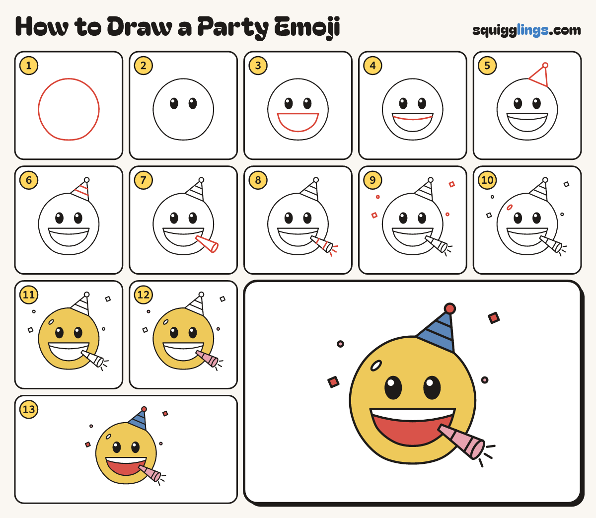 How to Draw a Party Emoji step by step: all 13 steps in one picture