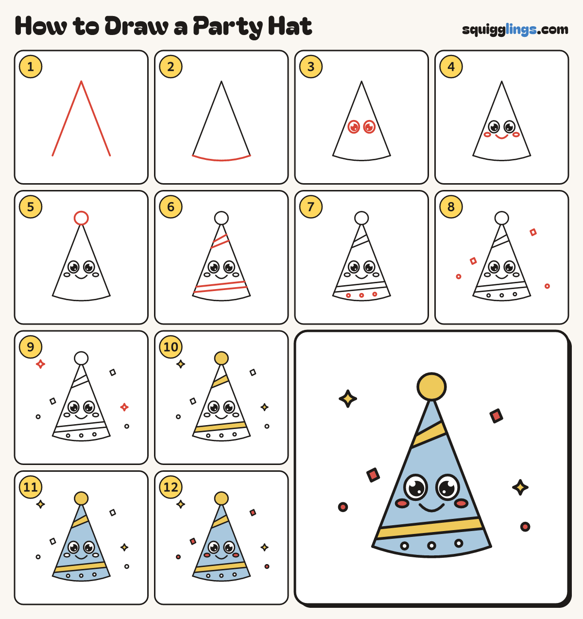How to Draw a Party Hat step by step: all 12 steps in one picture