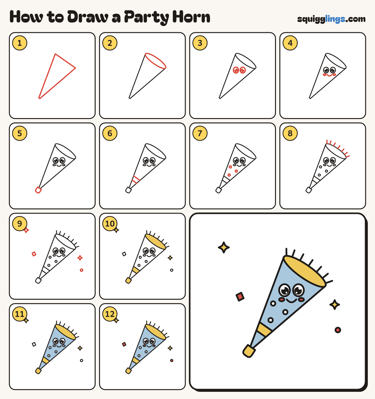 How to Draw a Party Horn step by step: all 12 steps in one picture