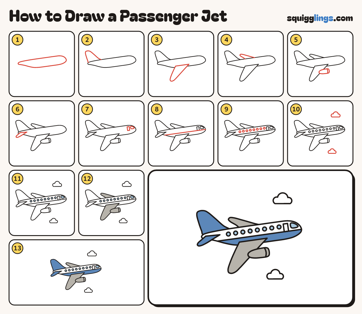 How to Draw a Passenger Jet step by step: all 13 steps in one picture