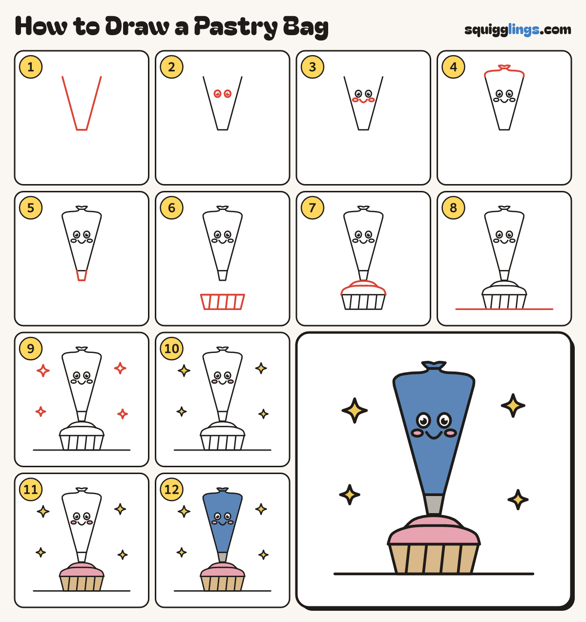 How to Draw a Pastry Bag step by step: all 12 steps in one picture