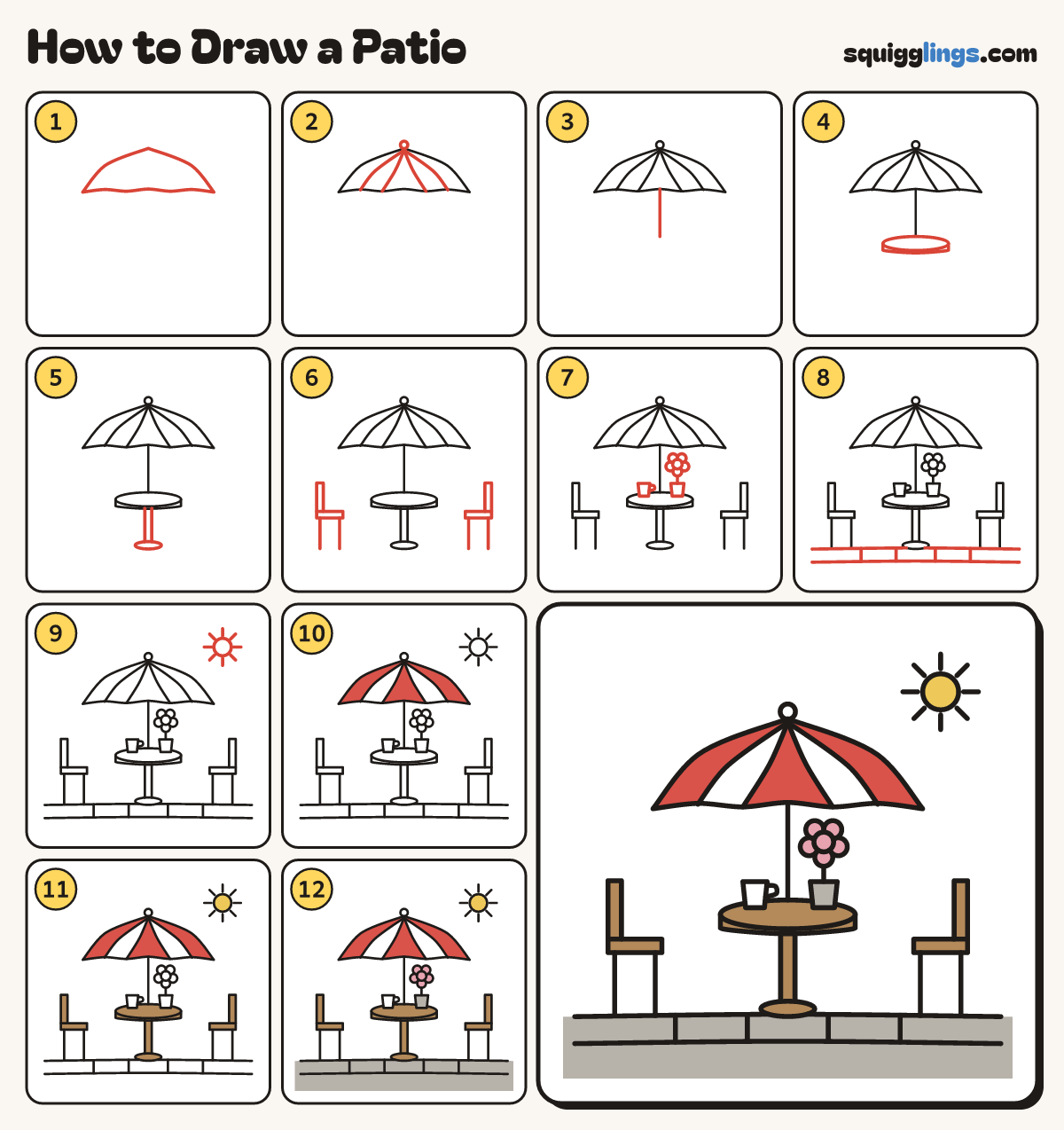 How to Draw a Patio step by step: all 12 steps in one picture