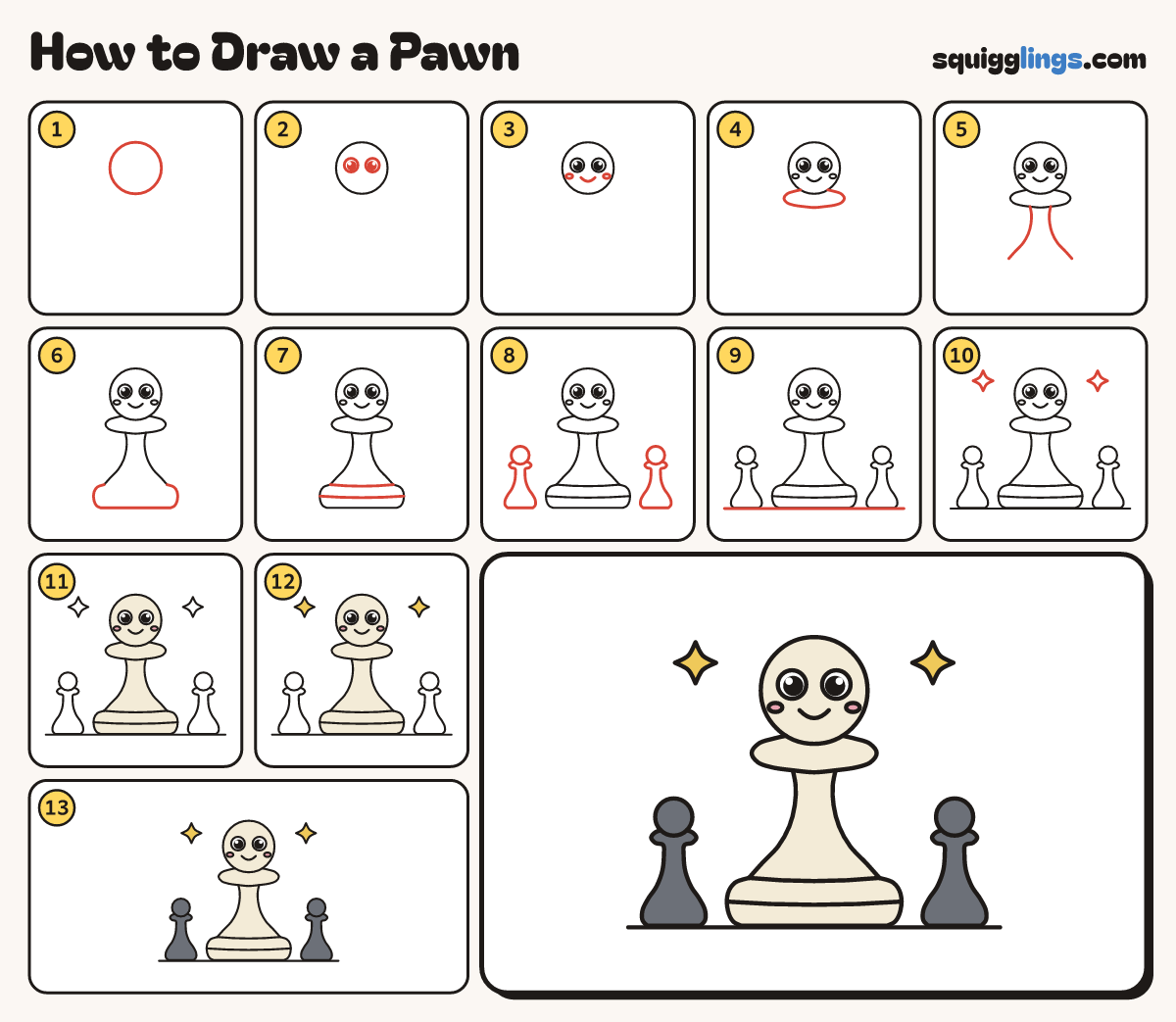 How to Draw a Pawn step by step: all 13 steps in one picture