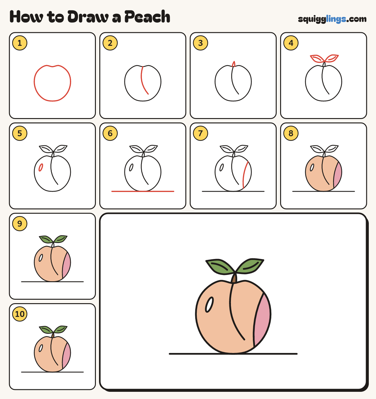 How to Draw a Peach step by step: all 10 steps in one picture