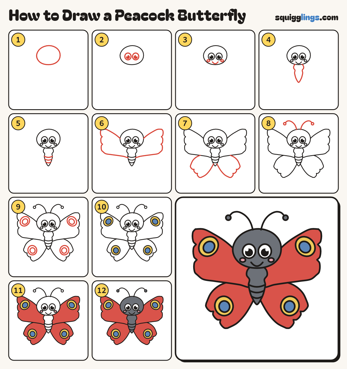 How to Draw a Peacock Butterfly step by step: all 12 steps in one picture