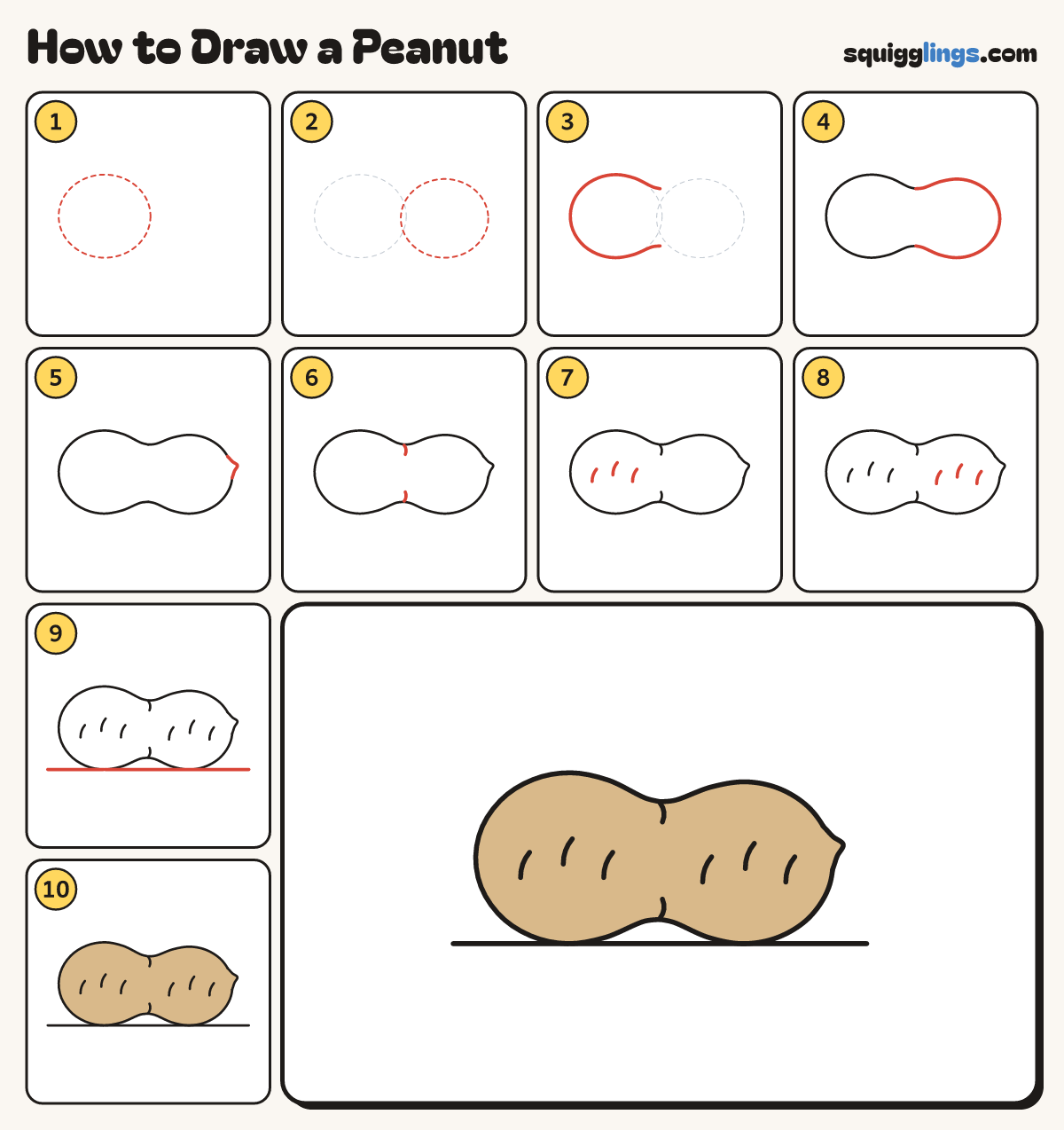 How to Draw a Peanut step by step: all 10 steps in one picture