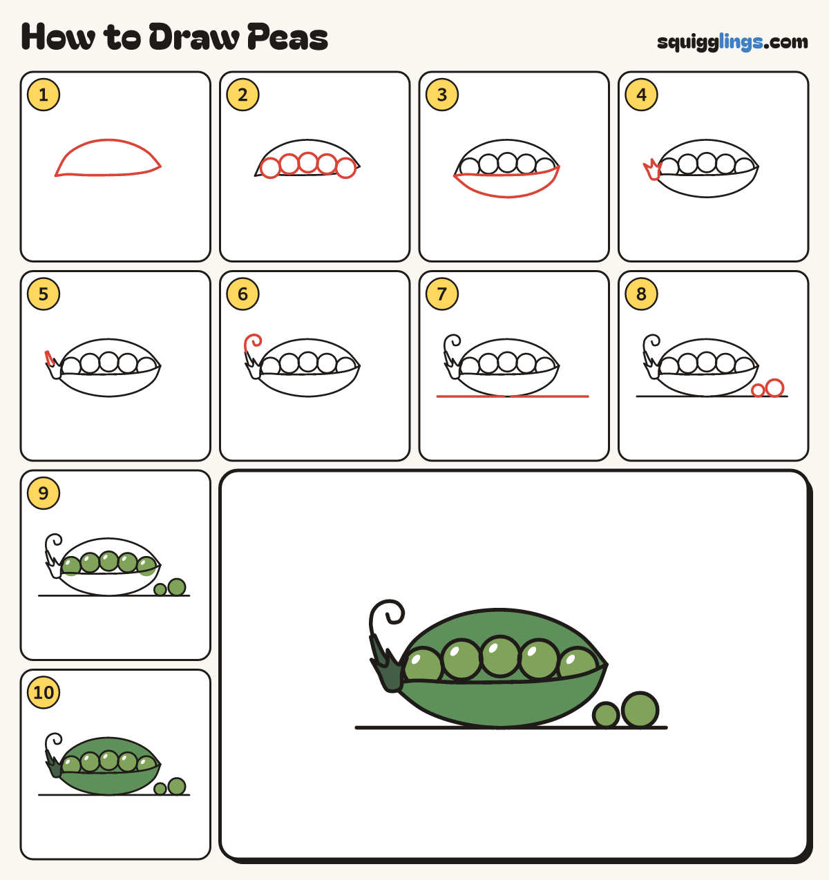 How to Draw Peas step by step: all 10 steps in one picture