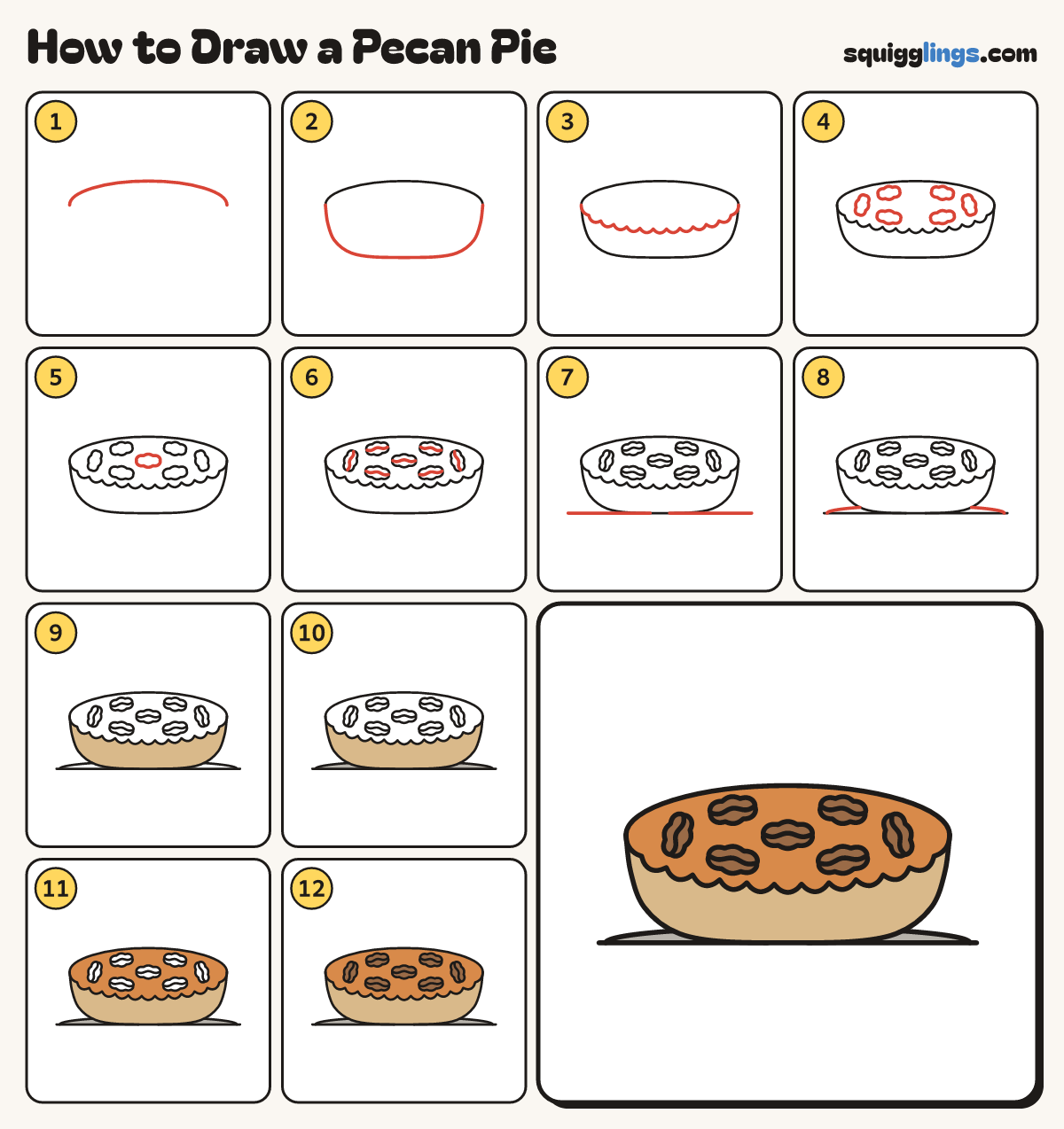 How to Draw a Pecan Pie step by step: all 12 steps in one picture