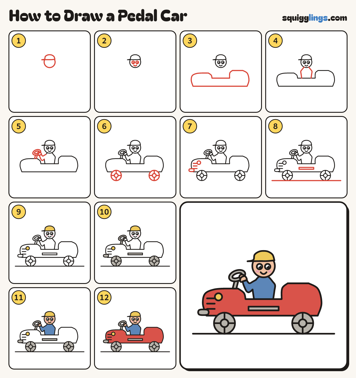 How to Draw a Pedal Car step by step: all 12 steps in one picture