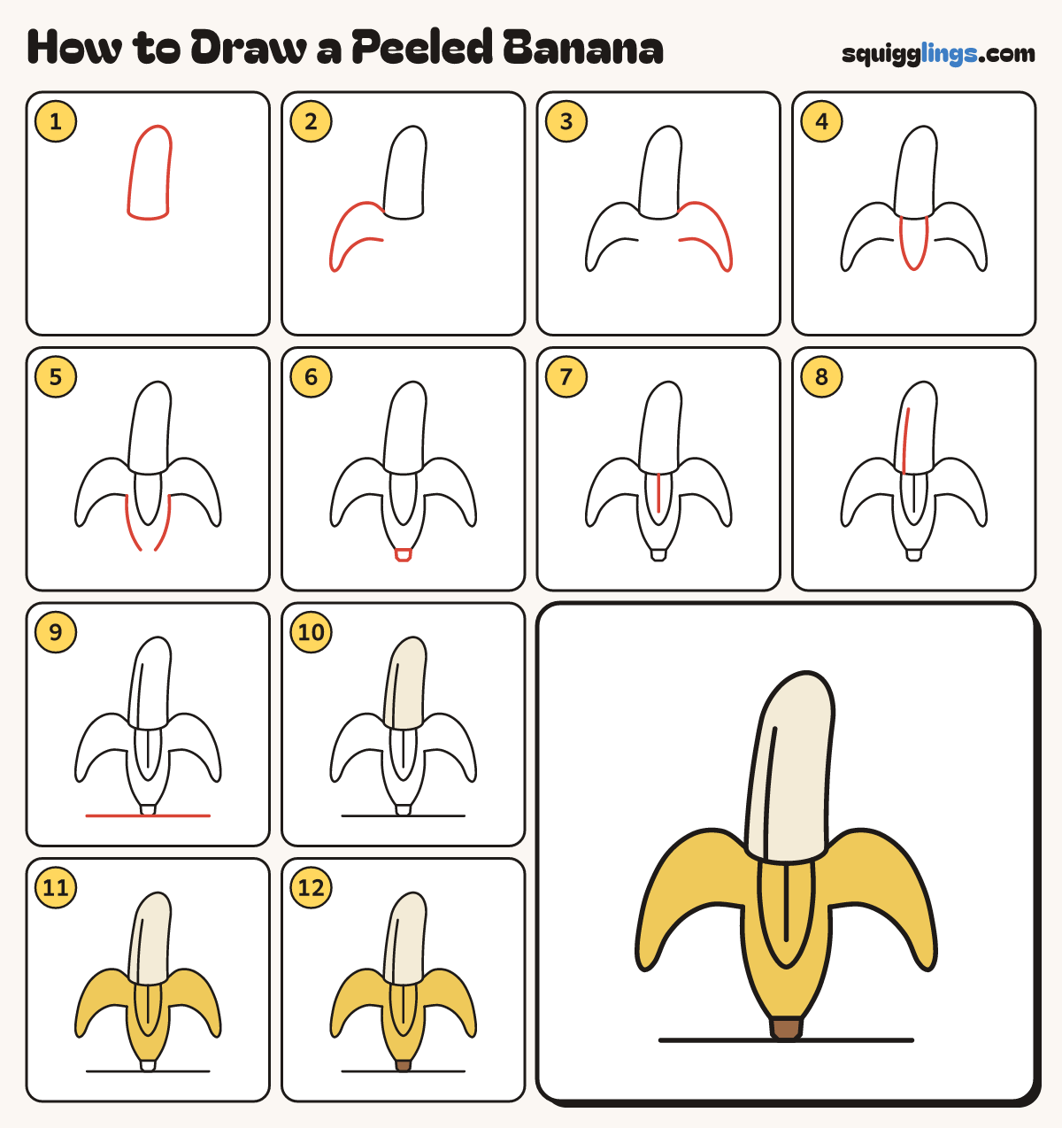 How to Draw a Peeled Banana step by step: all 12 steps in one picture