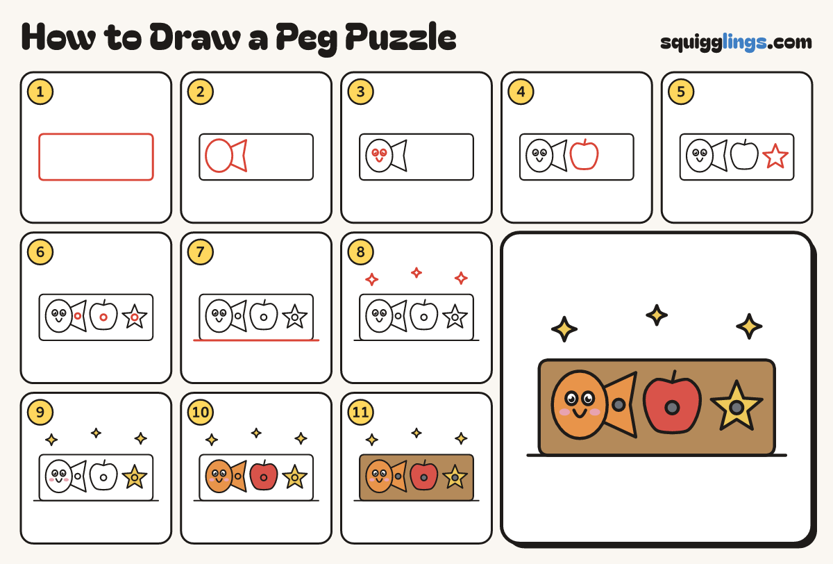 How to Draw a Peg Puzzle step by step: all 11 steps in one picture