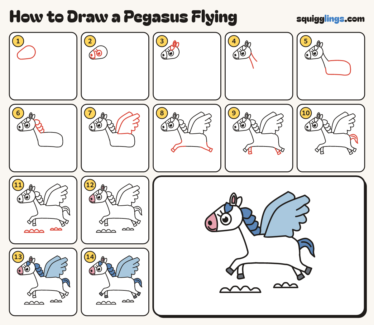 How to Draw a Pegasus Flying step by step: all 14 steps in one picture