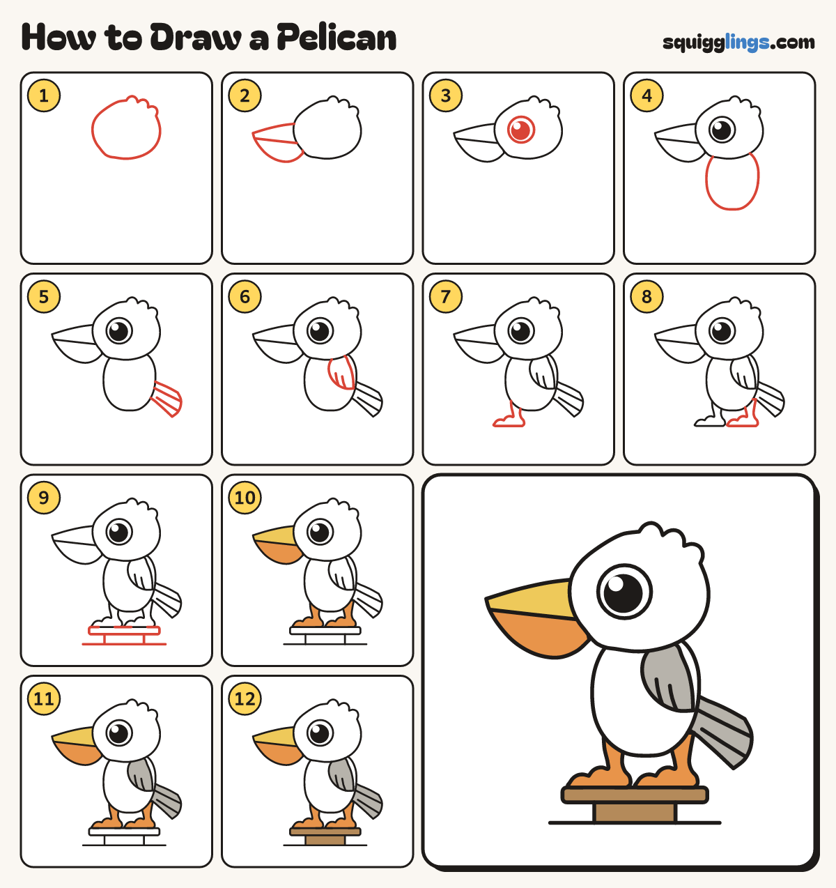 How to Draw a Pelican step by step: all 12 steps in one picture