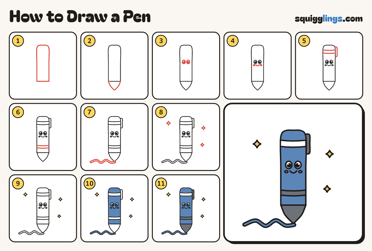How to Draw a Pen step by step: all 11 steps in one picture