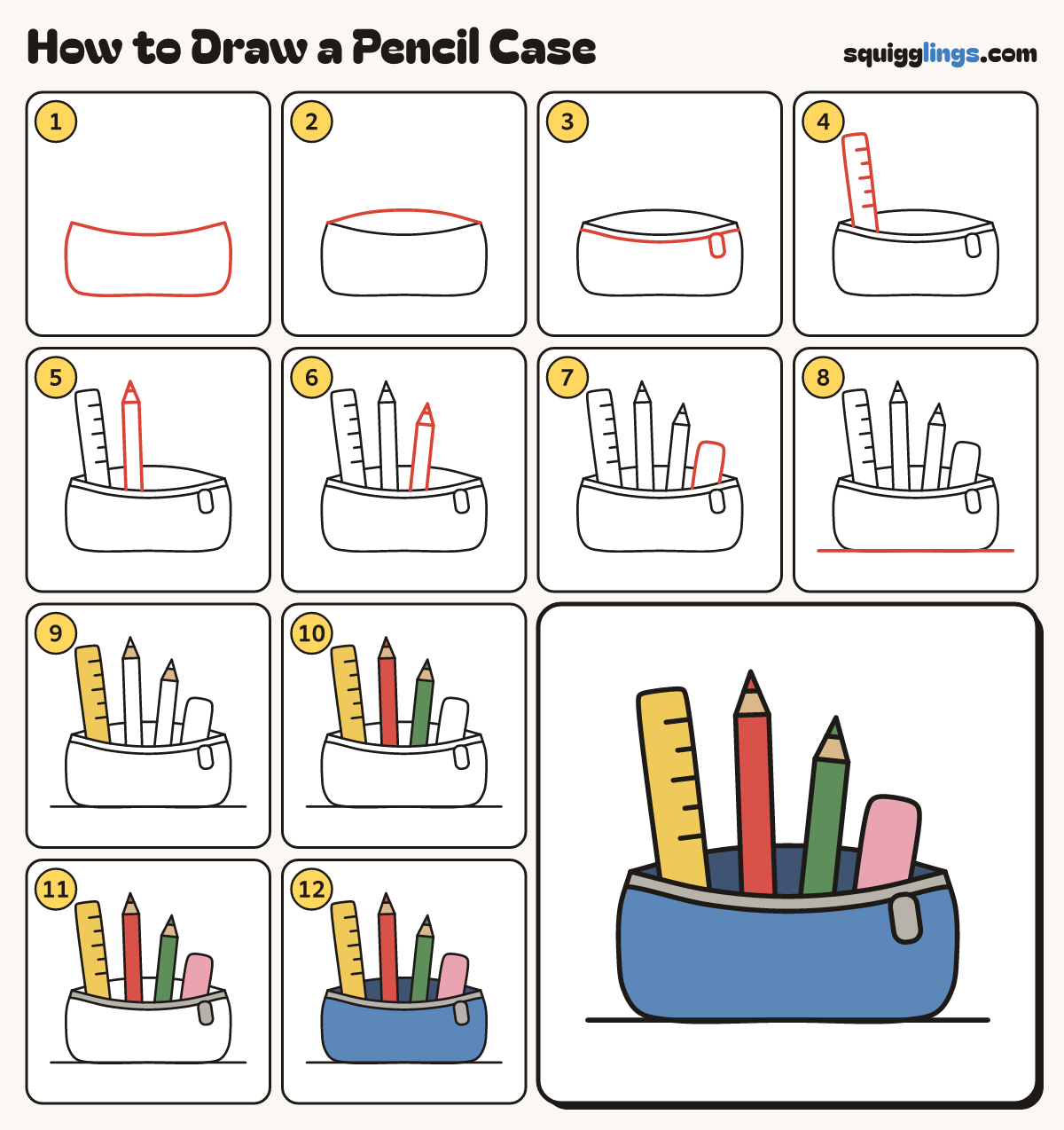 How to Draw a Pencil Case step by step: all 12 steps in one picture
