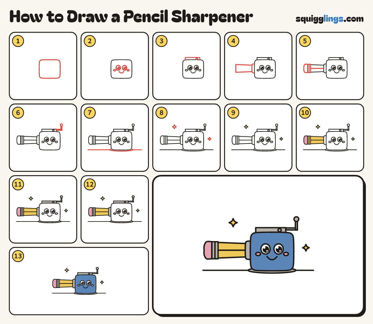 How to Draw a Pencil Sharpener step by step: all 13 steps in one picture