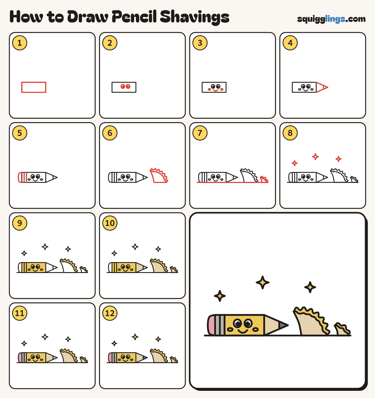How to Draw Pencil Shavings step by step: all 12 steps in one picture