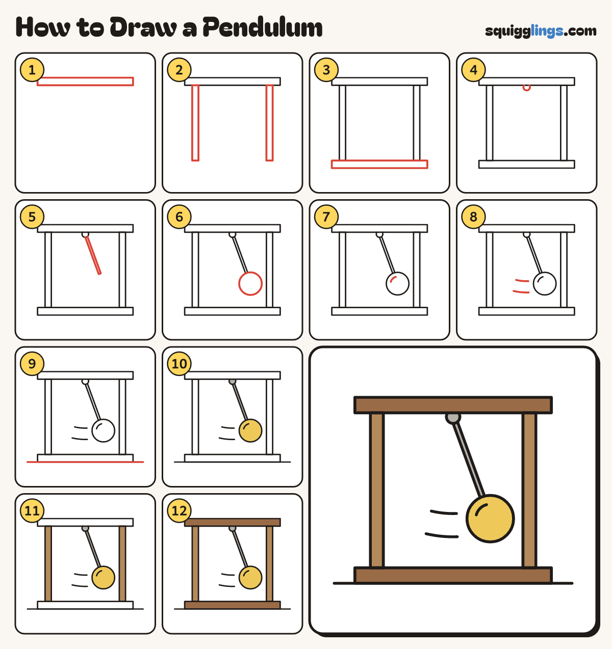 How to Draw a Pendulum step by step: all 12 steps in one picture
