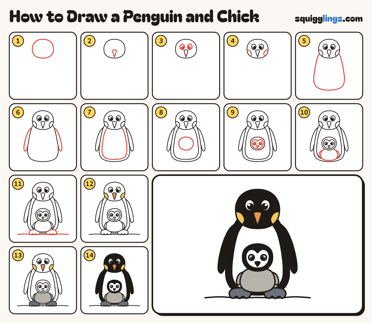 How to Draw a Penguin and Chick step by step: all 14 steps in one picture
