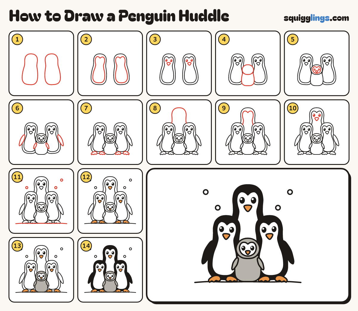 How to Draw a Penguin Huddle step by step: all 14 steps in one picture