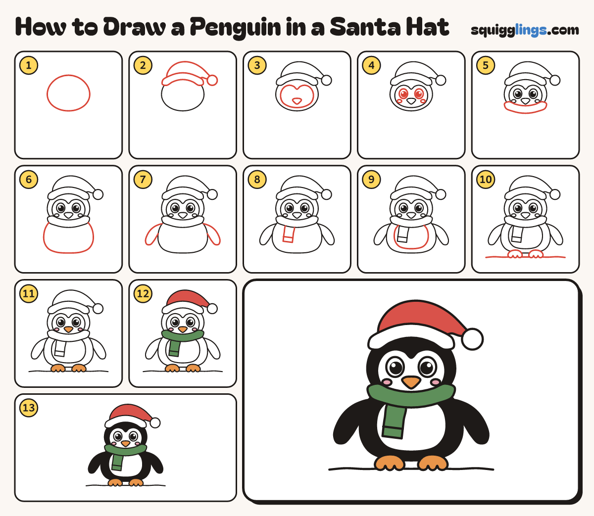 How to Draw a Penguin in a Santa Hat step by step: all 13 steps in one picture