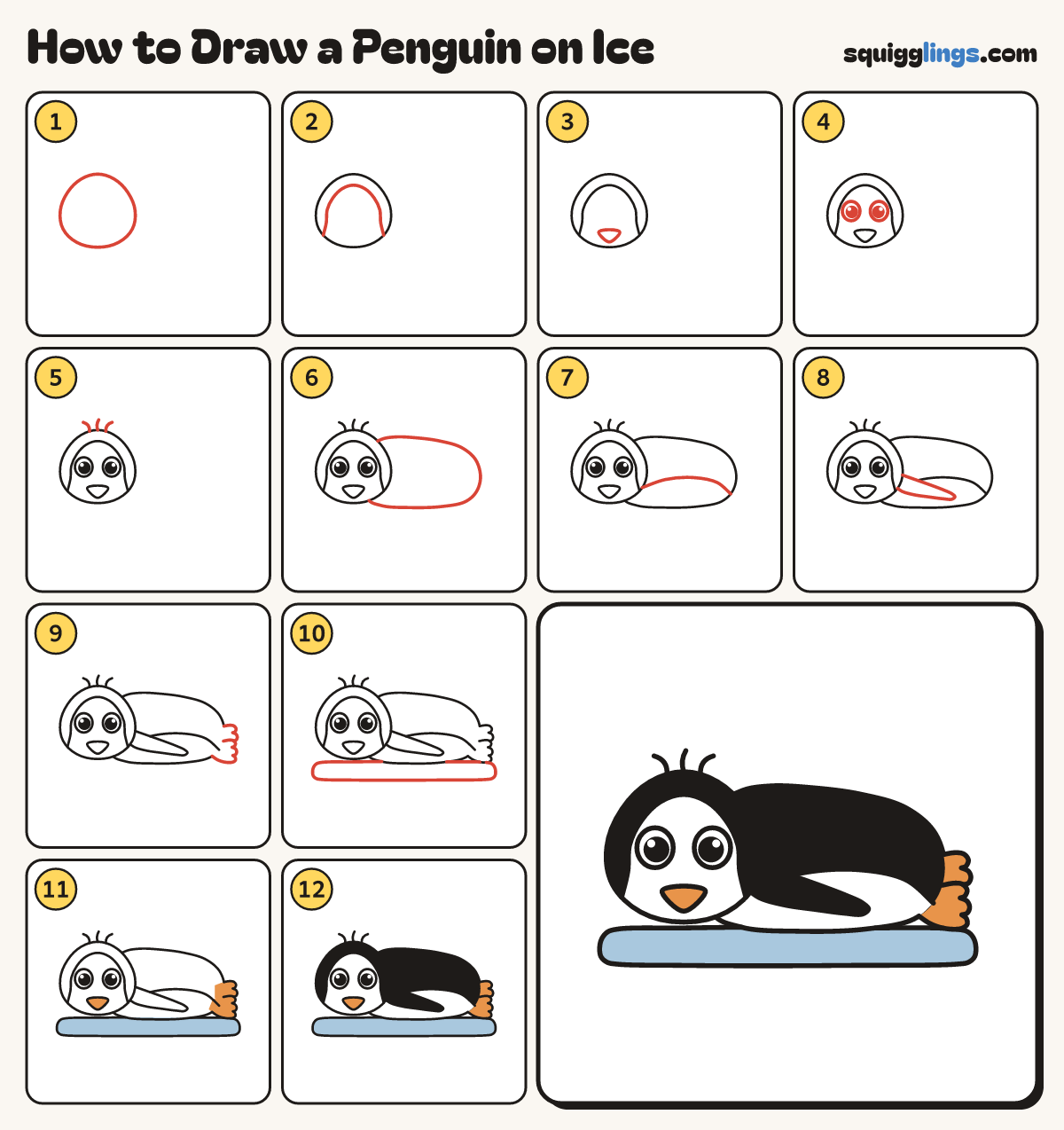 How to Draw a Penguin on Ice step by step: all 12 steps in one picture