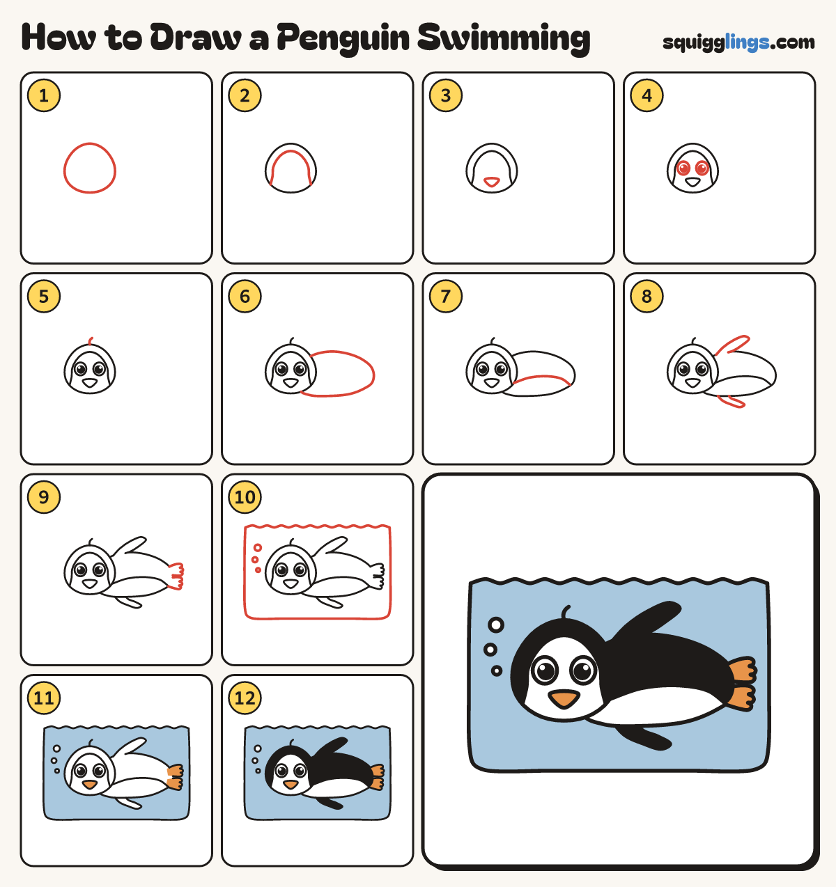 How to Draw a Penguin Swimming step by step: all 12 steps in one picture