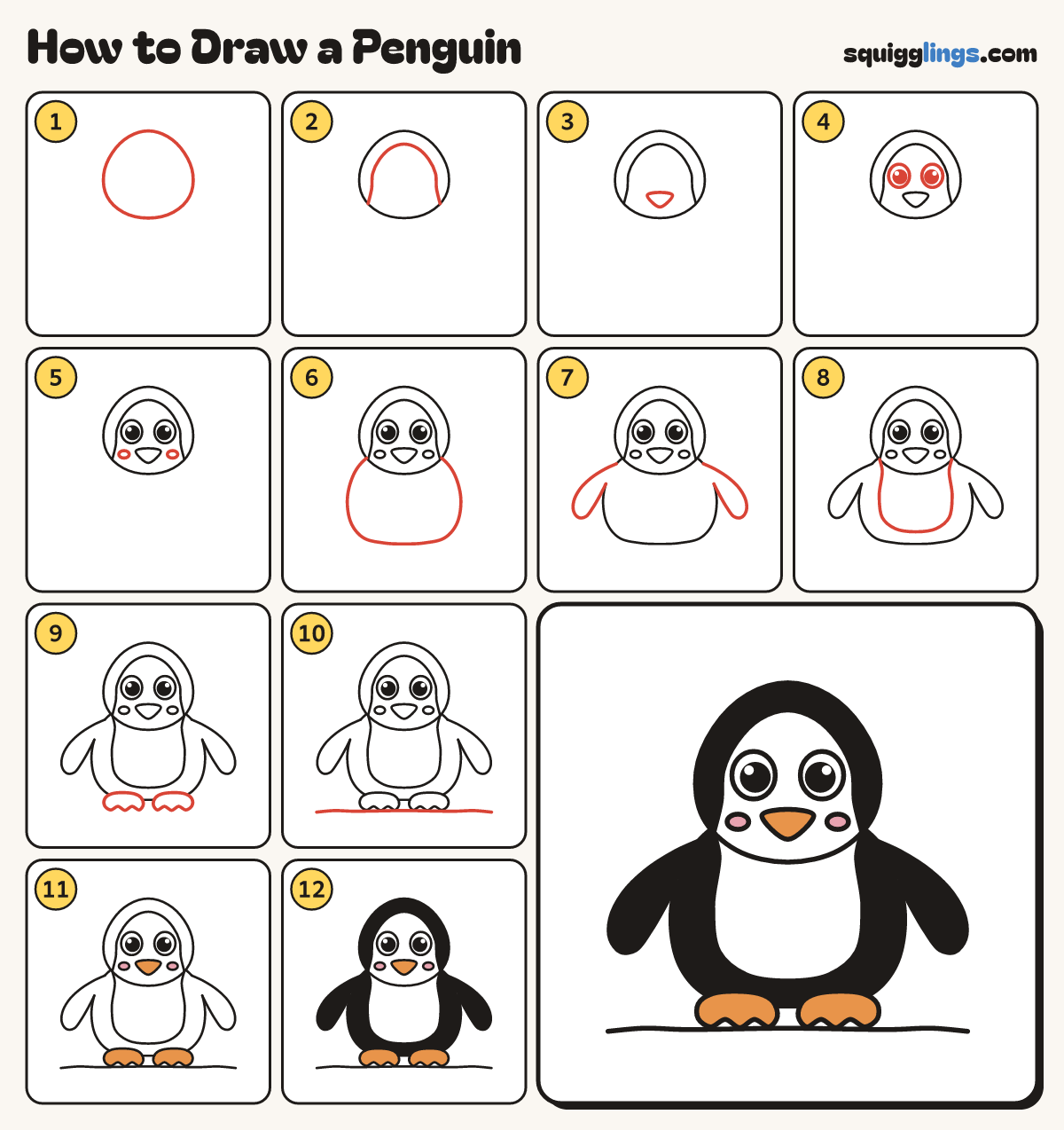 How to Draw a Penguin step by step: all 12 steps in one picture