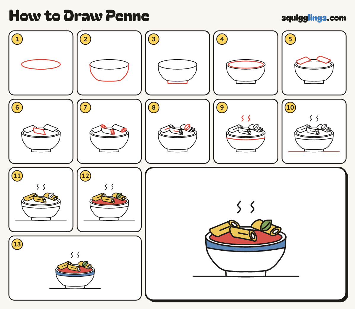 How to Draw Penne step by step: all 13 steps in one picture