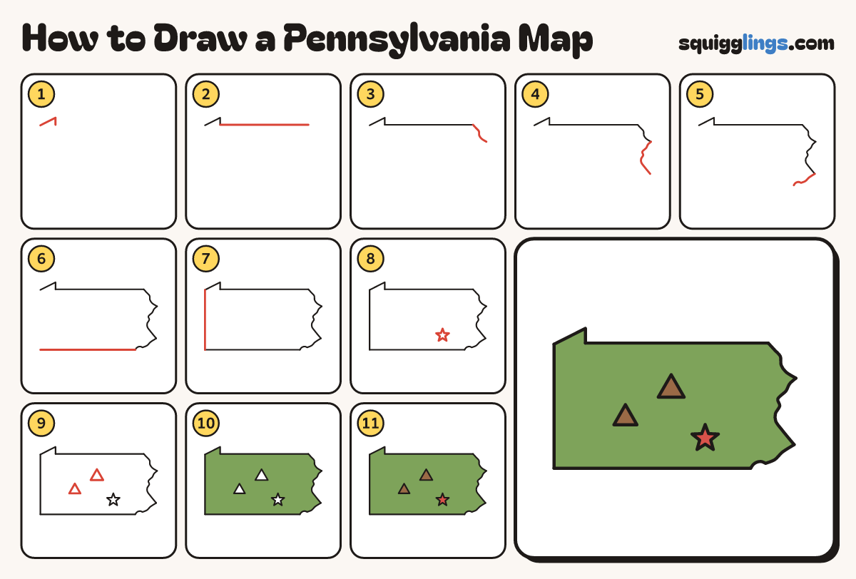 How to Draw a Pennsylvania Map step by step: all 11 steps in one picture