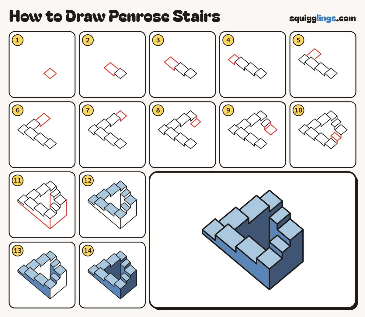 How to Draw Penrose Stairs step by step: all 14 steps in one picture