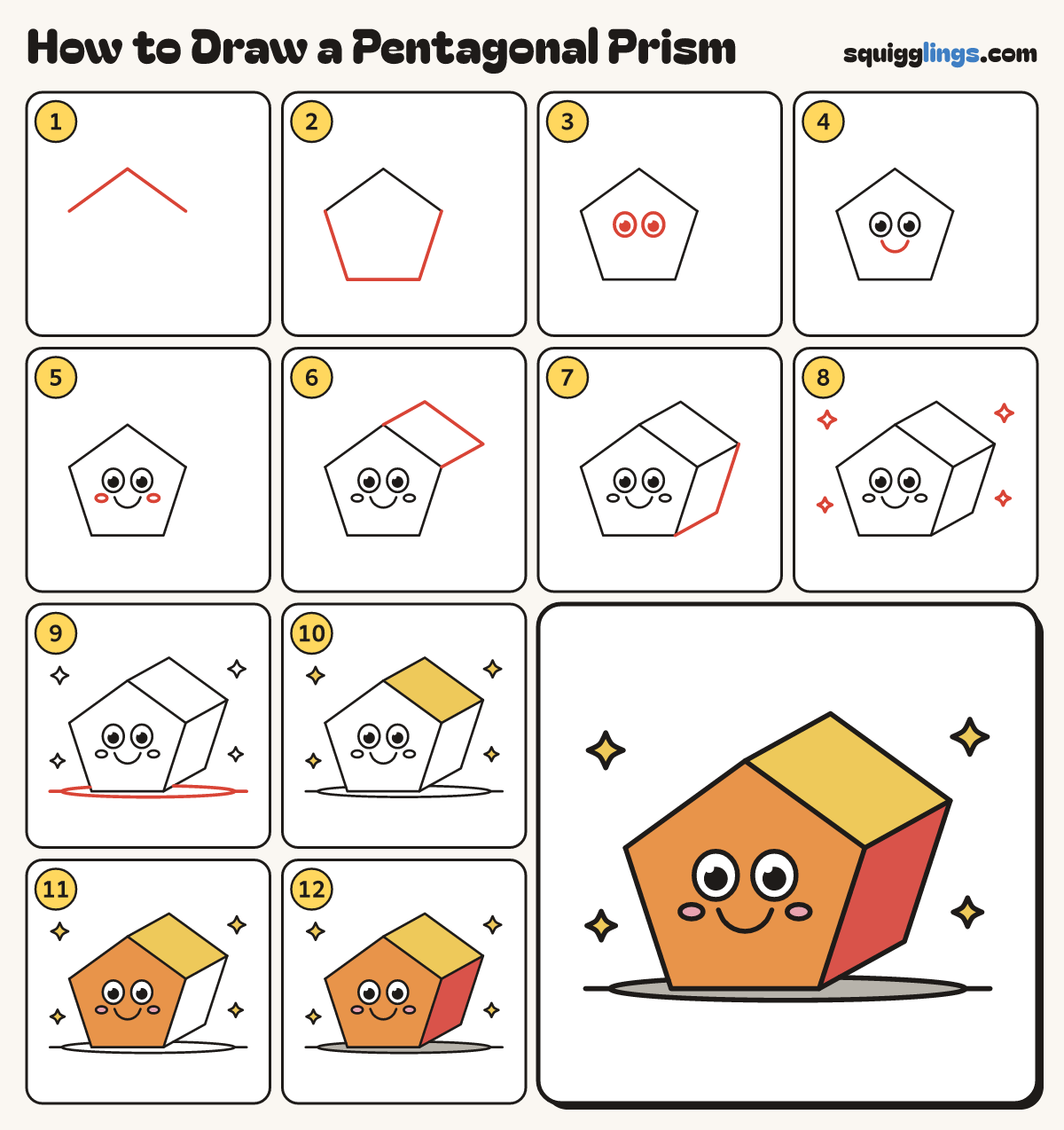 How to Draw a Pentagonal Prism step by step: all 12 steps in one picture