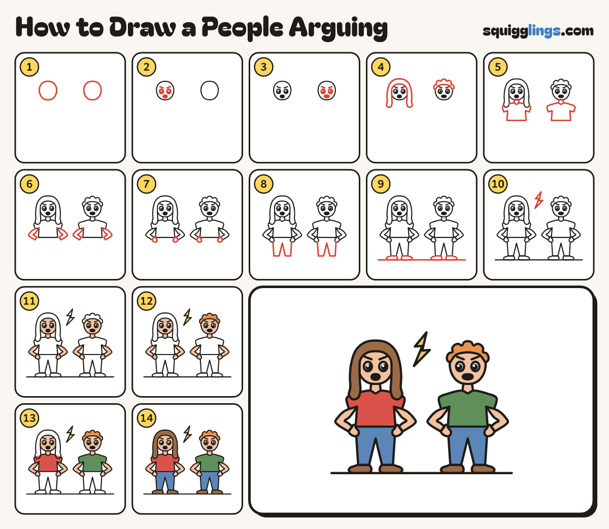 How to Draw a People Arguing step by step: all 14 steps in one picture