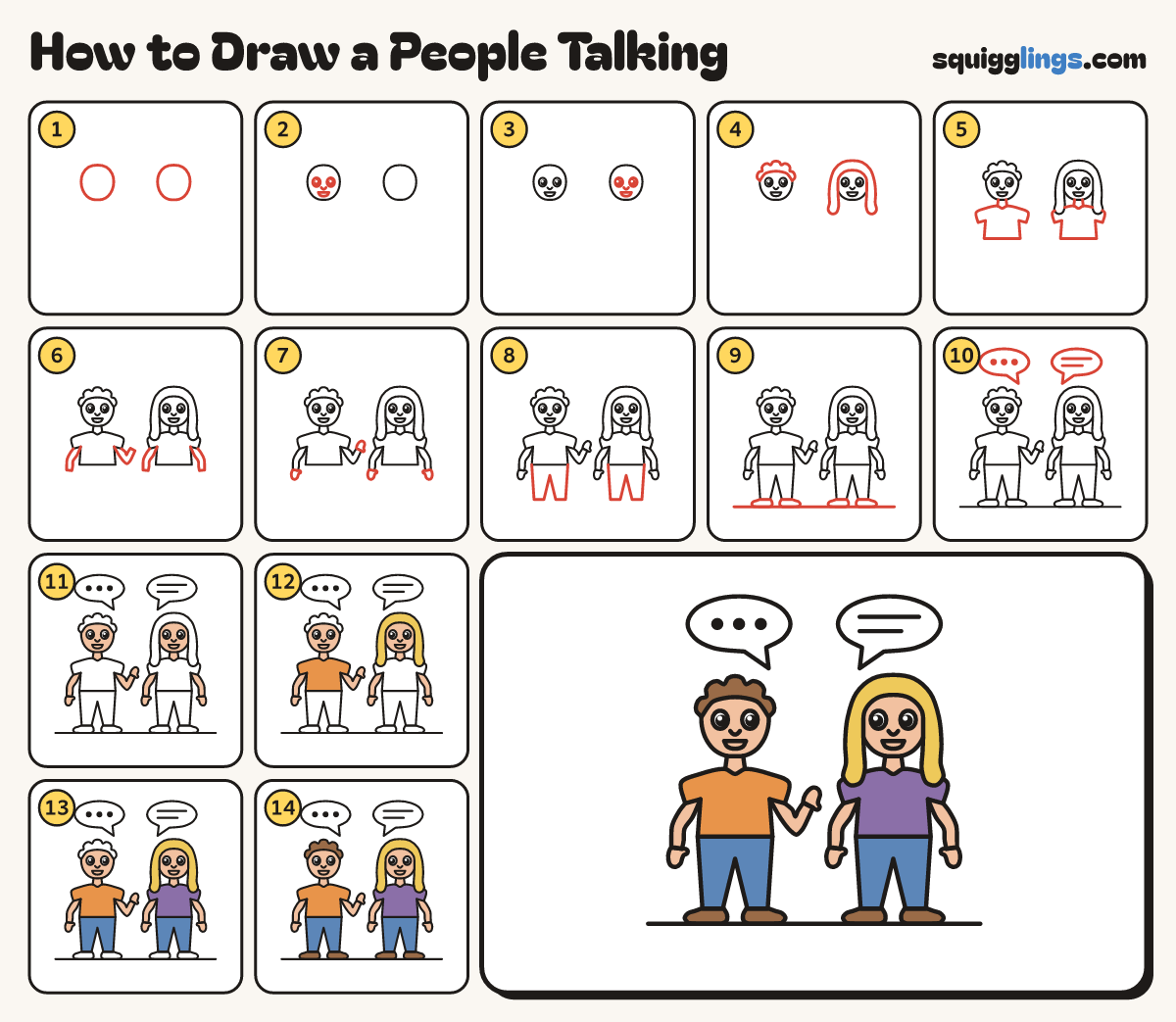 How to Draw a People Talking step by step: all 14 steps in one picture