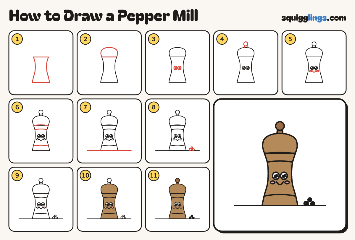 How to Draw a Pepper Mill step by step: all 11 steps in one picture
